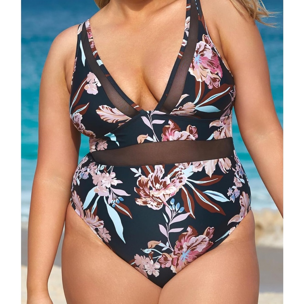 CUPSHE One Piece Swimsuit, V Neck, Mesh Detail, Adjustable Wide Straps, Sz 0X
